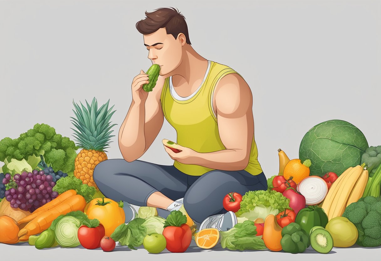 A person exercising, eating fruits and vegetables, and avoiding smoking and alcohol