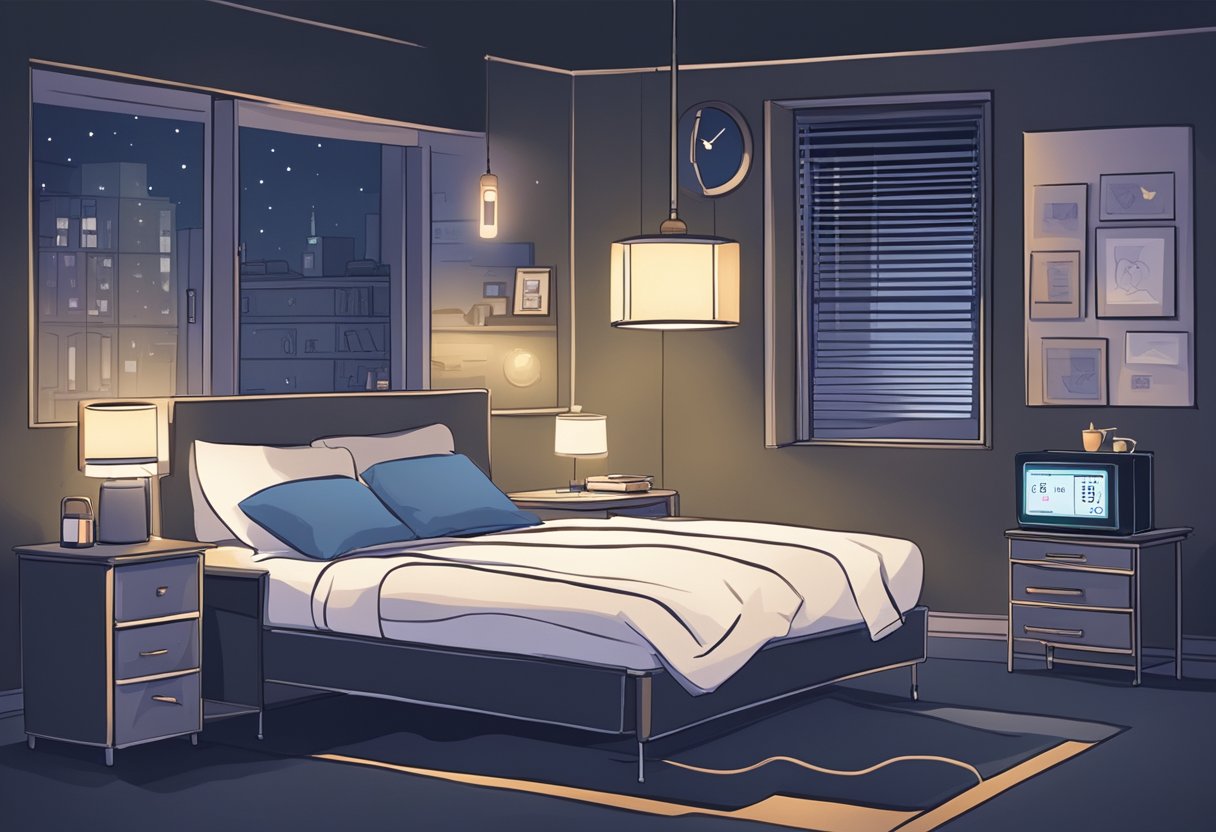 Scene: A dark bedroom with a clock showing late night. A heart rate monitor beeping rapidly. Treatment options on a bedside table