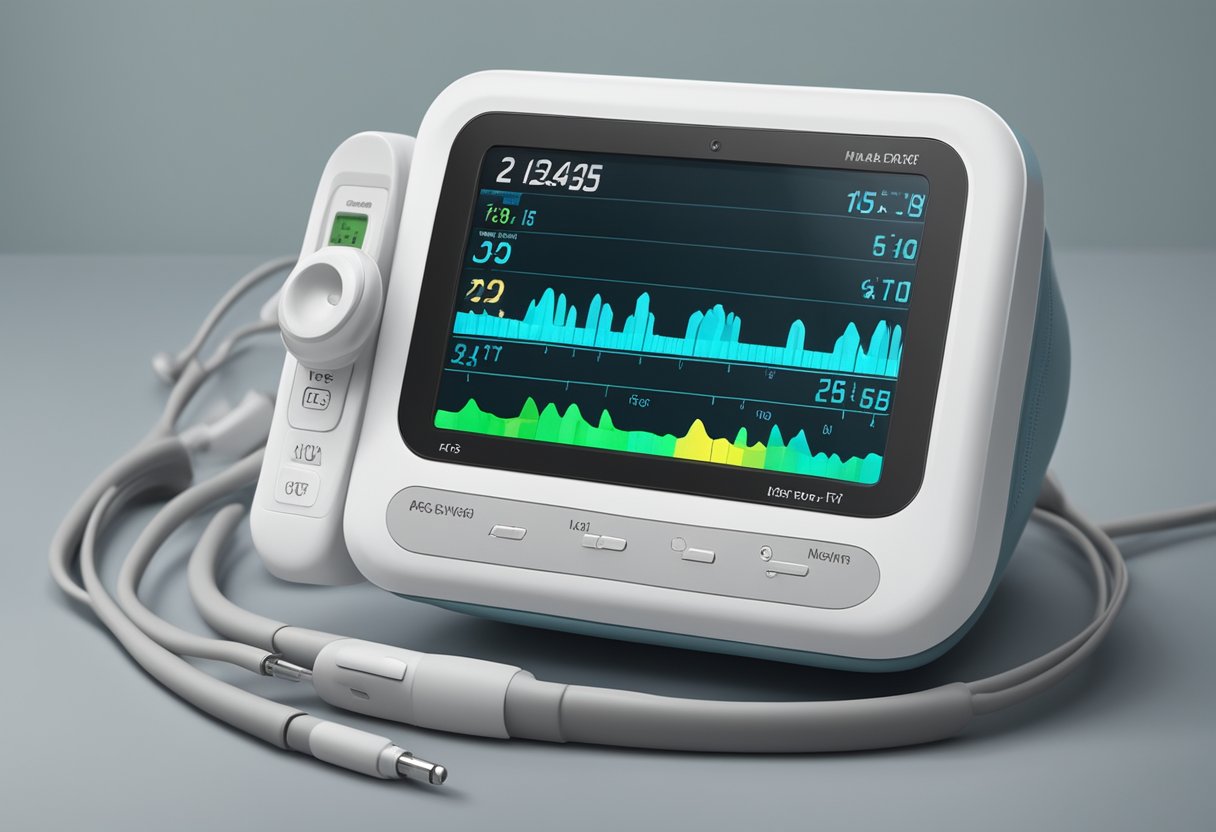 A fetal heart rate monitor displays 35-week-old baby's heart rate. FAQ list and medical equipment are in the background