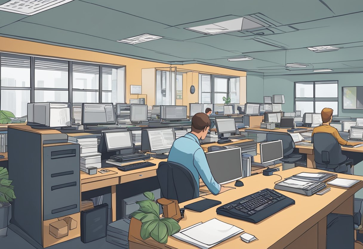 A bustling office with steady, rhythmic sounds. Computer keyboards clack, papers shuffle, and printers hum. The atmosphere is calm and focused, with a sense of steady productivity
