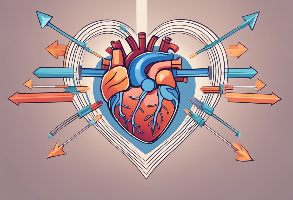 A heart surrounded by arrows pointing towards it, symbolizing lifestyle changes and medical interventions to increase blood flow