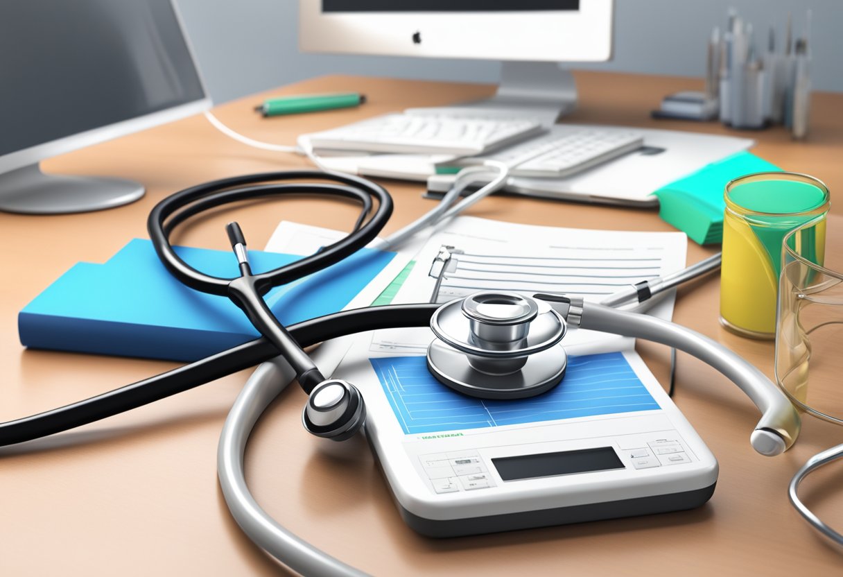 A stethoscope and an ECG machine on a desk, with a stack of medical journals in the background