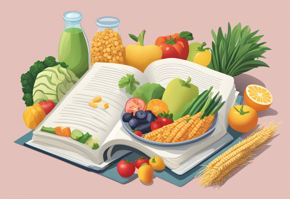 A table filled with fresh fruits, vegetables, whole grains, and lean proteins. A heart-healthy cookbook lies open next to a glass of water