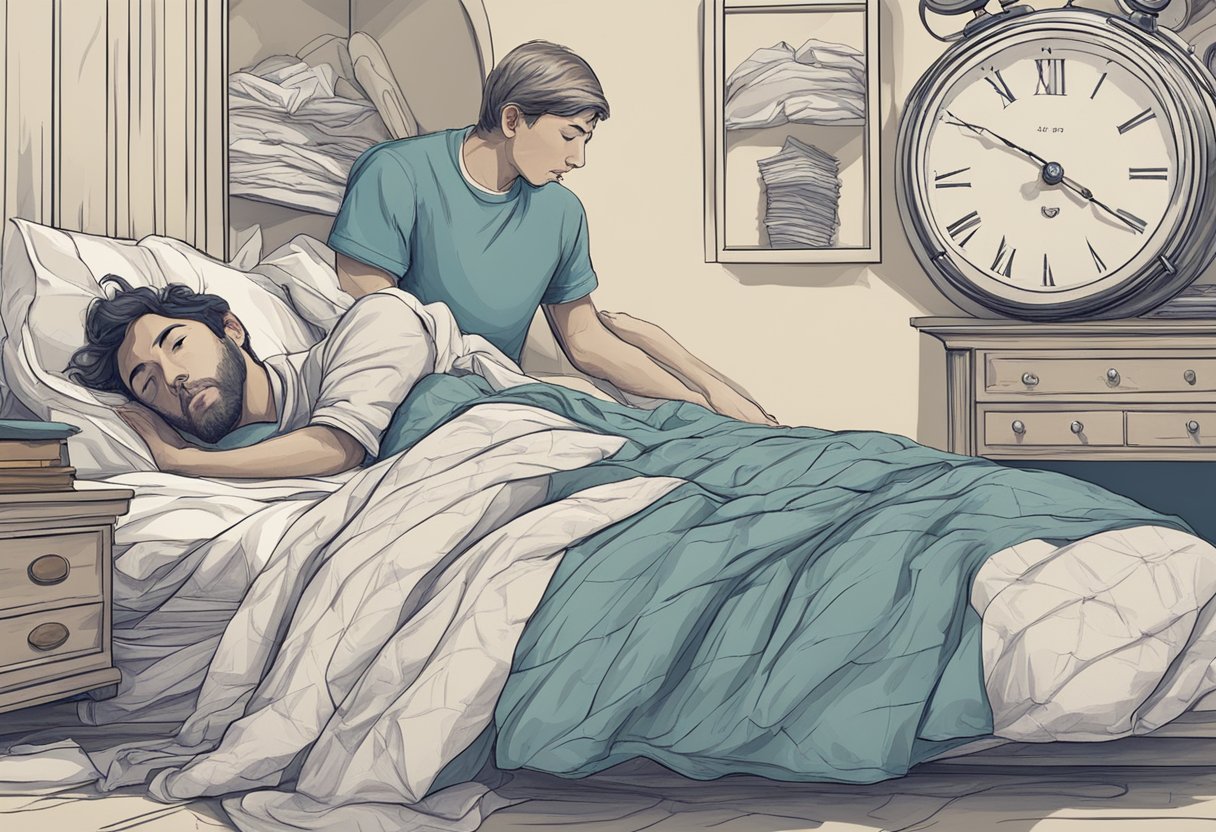 A clock with racing hands, a bed with tangled sheets, and a person clutching their chest in distress