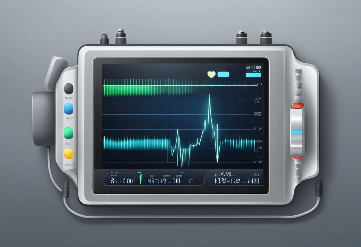 A heart monitor displays a regular pulse on the screen