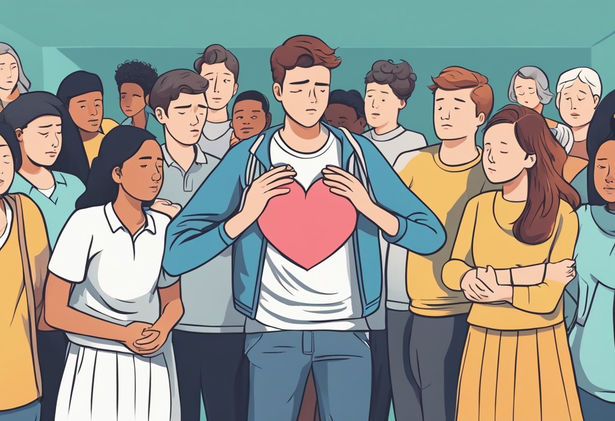 A teenager clutching their chest, experiencing symptoms of a heart attack, surrounded by concerned onlookers