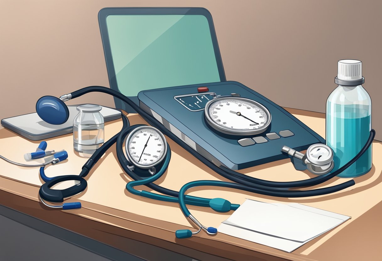 A stethoscope, blood pressure cuff, EKG machine, and medication bottles on a desk in a cardiologist's office
