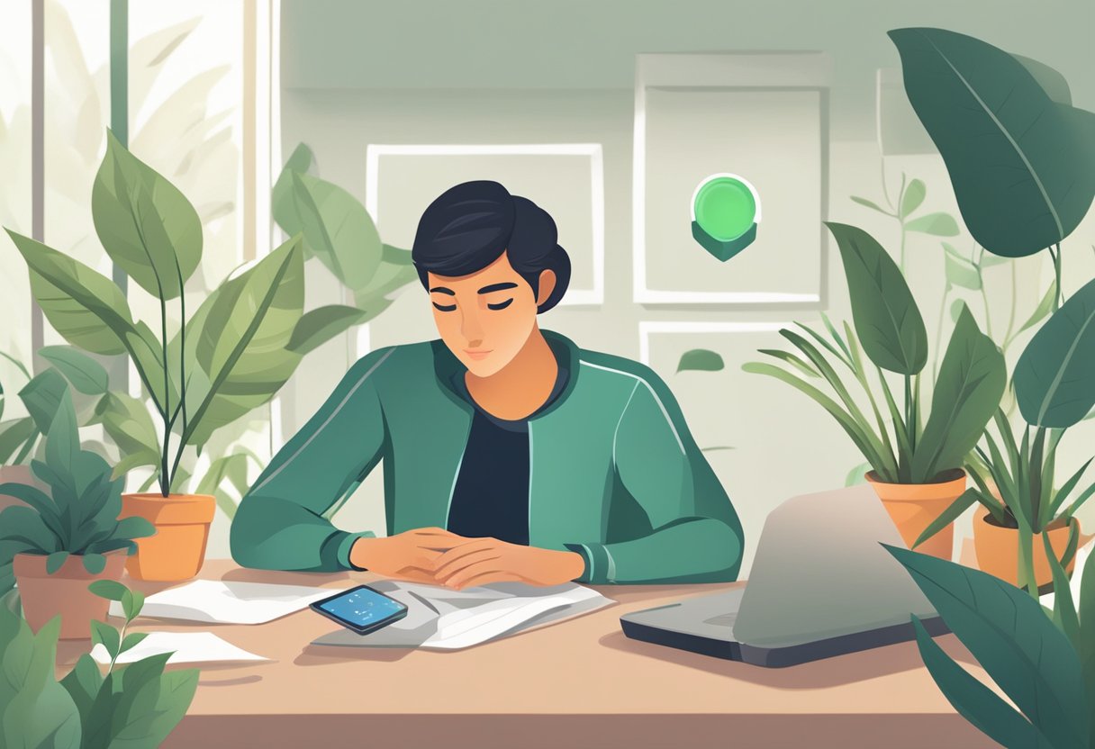 A person sitting at their desk with a calm and focused expression, surrounded by plants and natural light. A fitness tracker on their desk shows a steady, healthy heart rate