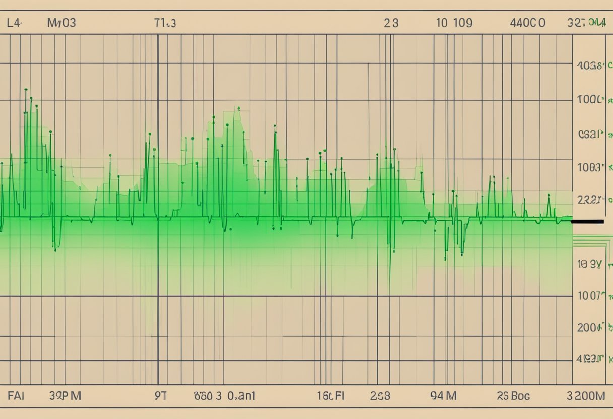 A heart rate monitor displays a steady, healthy heartbeat on a screen, with green lights indicating normal levels