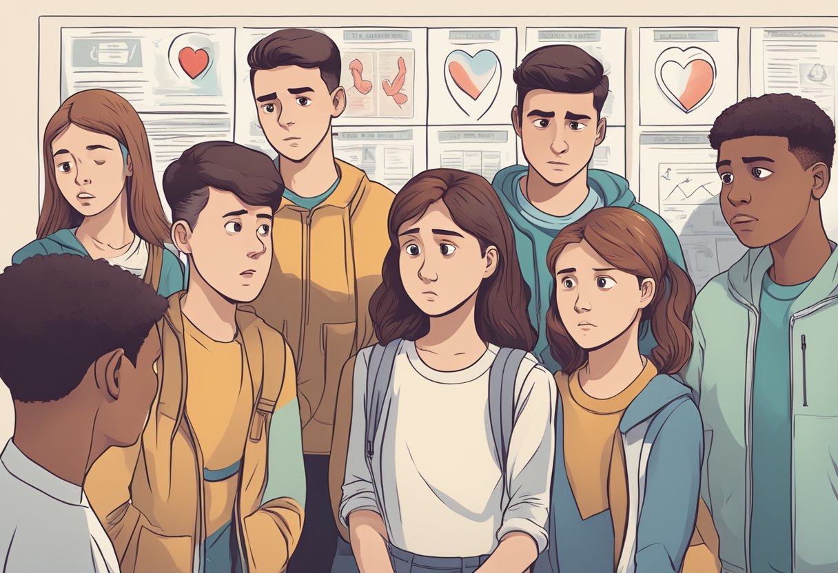 A group of concerned teenagers gather around a poster listing common symptoms of a heart attack, with worried expressions on their faces