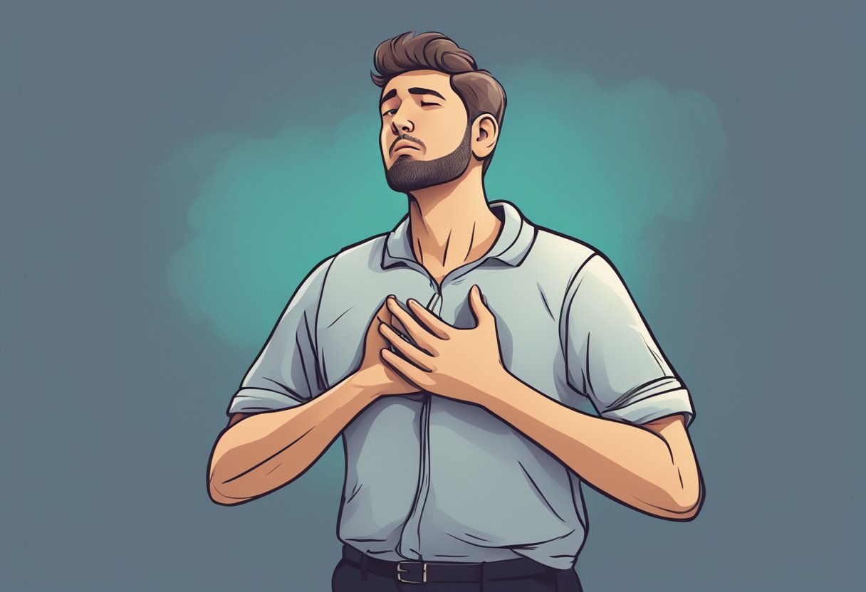 A person clutching their chest, taking deep breaths, and calling for help