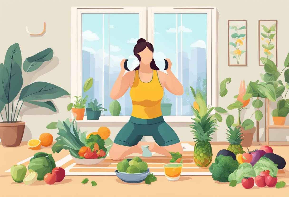 A person exercising, eating healthy, and managing stress