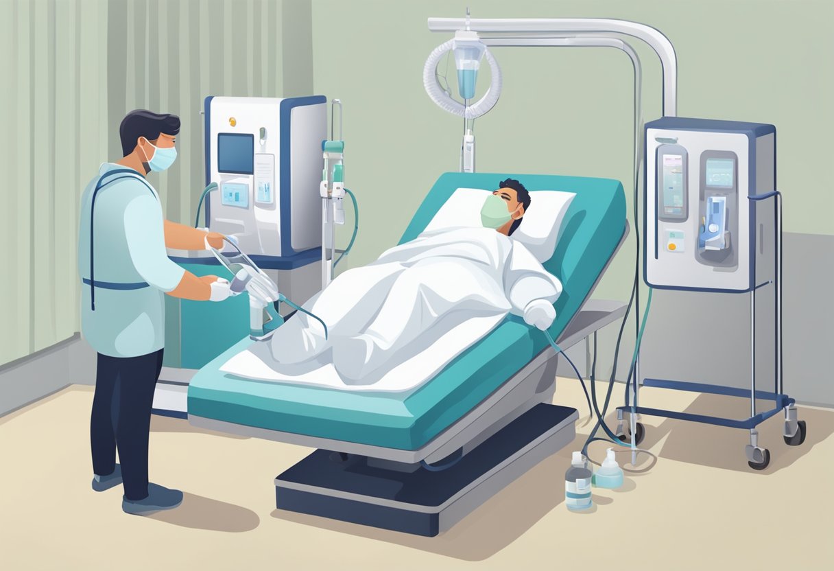 A person lying on a bed, receiving oxygen therapy and medication from a healthcare professional