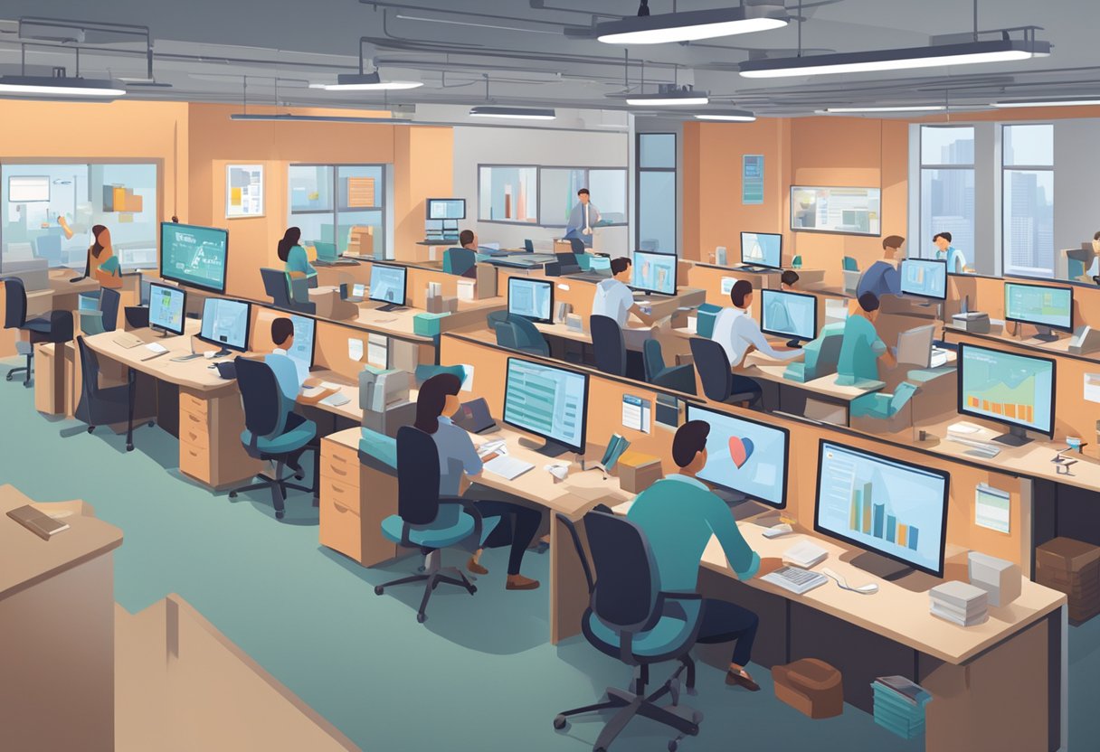 Employees at their desks, focused on work. Heart rate monitors display normal readings. A sign on the wall reads "Frequently Asked Questions: normal heart rate at work."