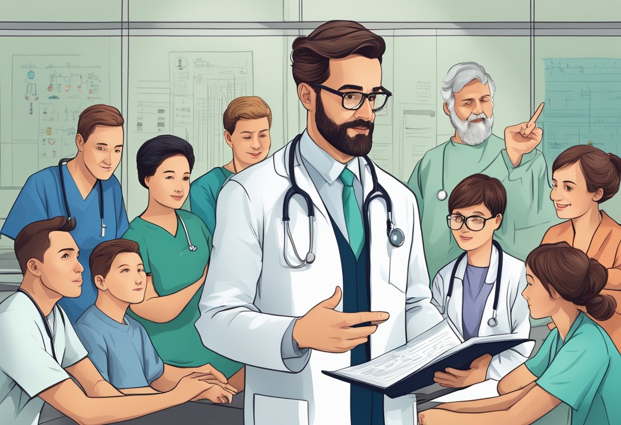 A doctor pointing to a chart of OMT procedures, surrounded by curious patients