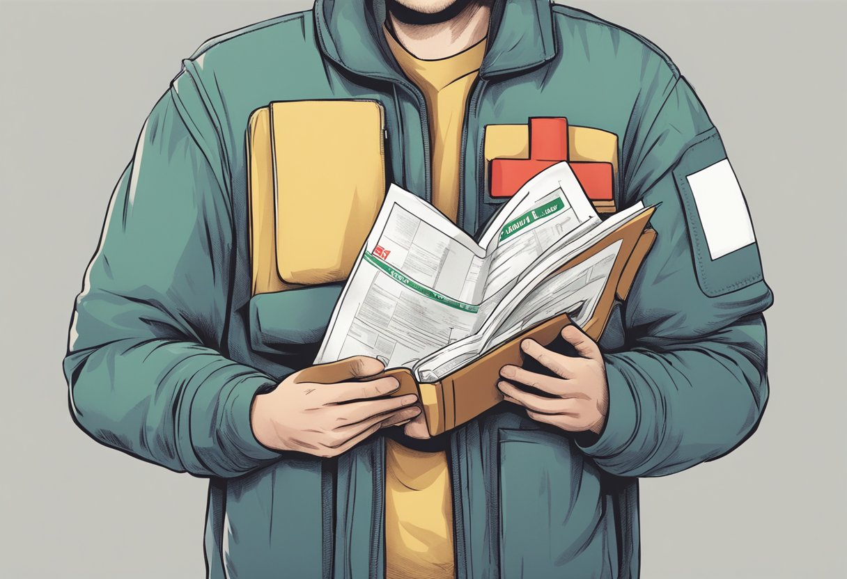 A person holding their chest, looking distressed, while reading a first aid manual