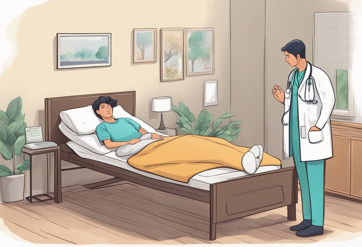 A person lying on a bed, with a concerned family member nearby. A doctor explaining mild heart stroke treatment options
