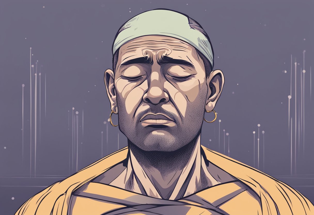 A person clutching their chest with a pained expression. Sweat beads on their forehead, and they grimace in discomfort