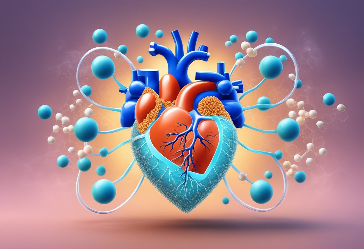 A heart with a burst of energy, surrounded by coenzyme Q10 molecules, symbolizing protection against a heart attack