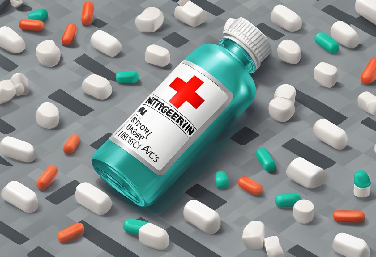 Nitroglycerin stops heart attacks. A small bottle labeled "Nitroglycerin" with a red cross on it sits on a counter