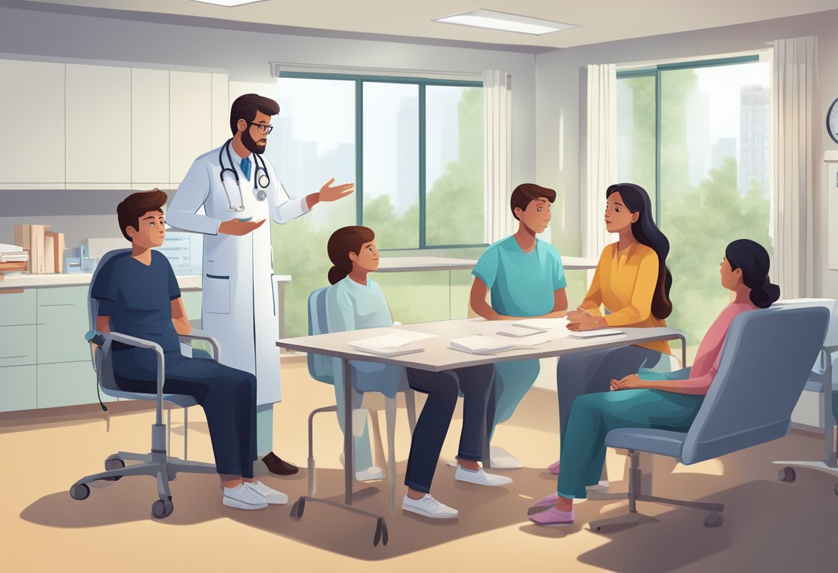 A doctor explaining a congenital heart disease prognosis to a worried family in a hospital consultation room