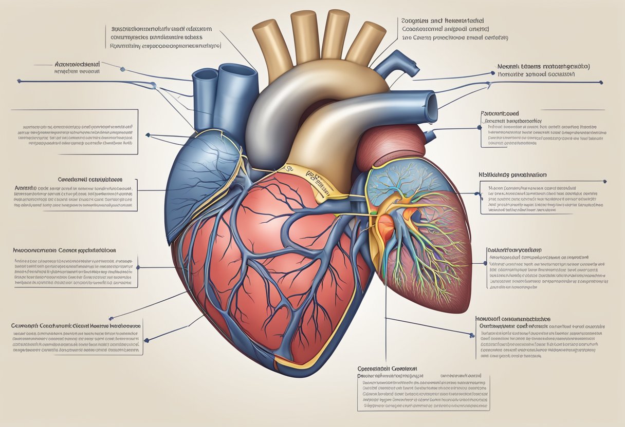 A heart-shaped diagram with labels showing the anatomy and potential complications of congenital heart disease