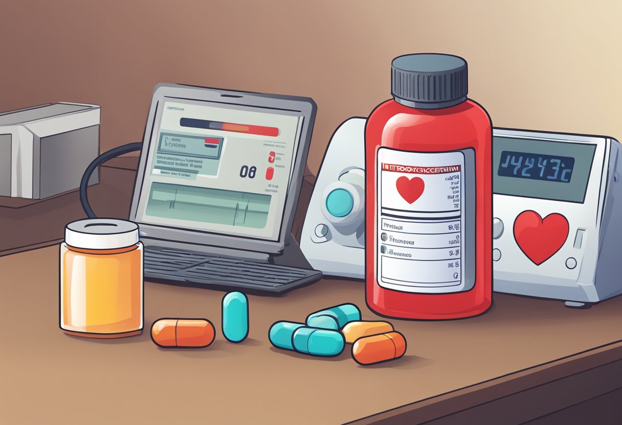 Nitroglycerin stops heart attacks. A heart-shaped pill bottle labeled "Nitroglycerin" sits on a table next to a red heart monitor