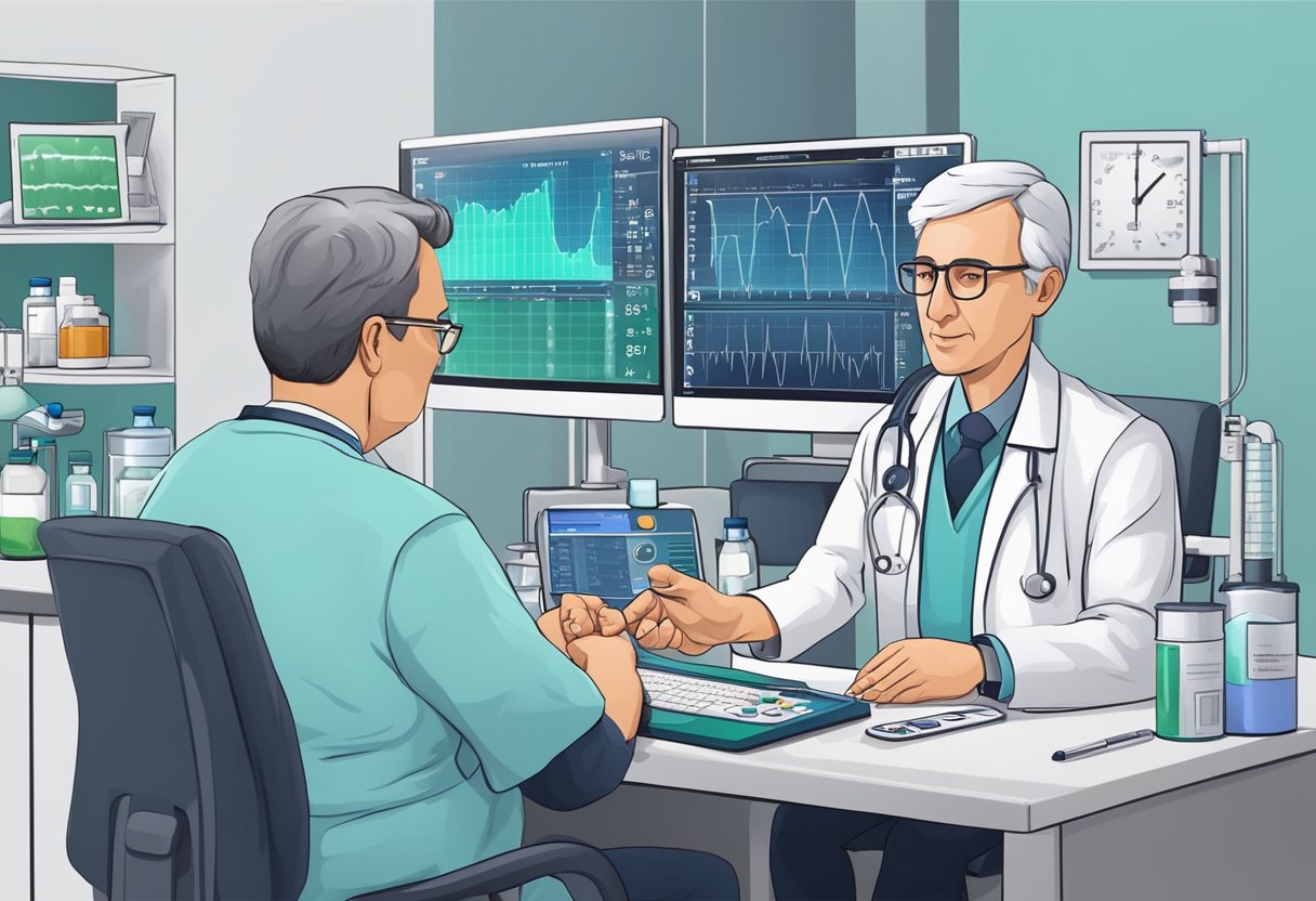 A doctor administers medication and monitors vital signs after a mild heart stroke