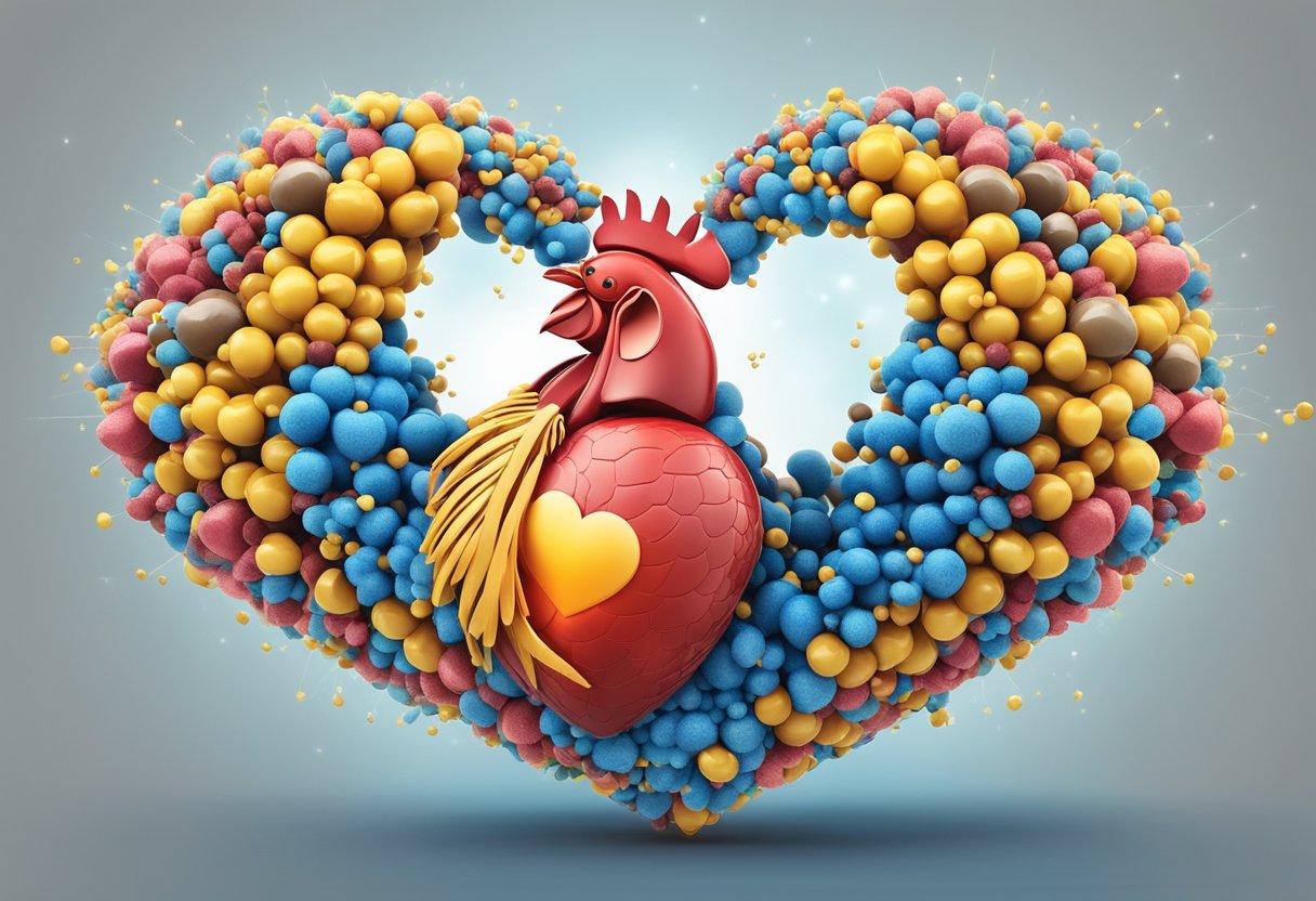 A heart-shaped CoQ10 molecule surrounded by a burst of energy, symbolizing its role in preventing heart attacks