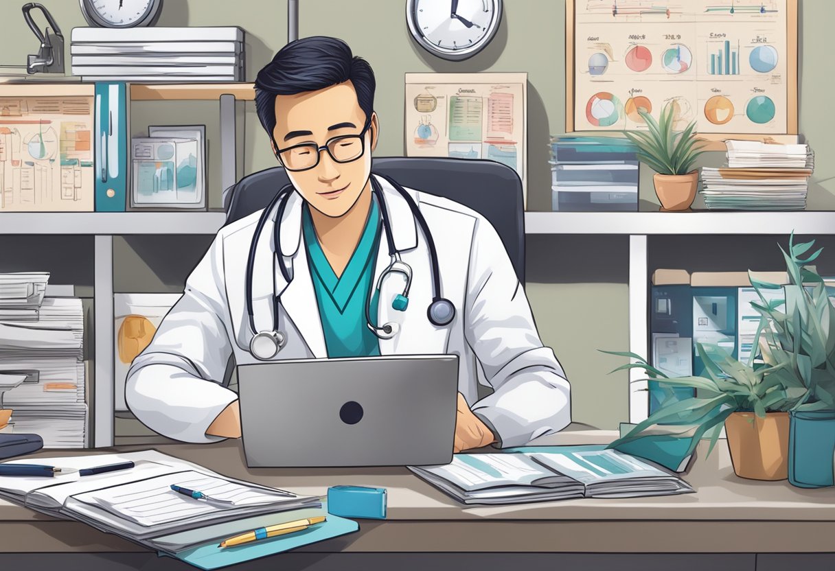 A doctor carefully reviewing patient files, surrounded by medical equipment and charts, with a sign reading "Best Cardiologist in Singapore" prominently displayed