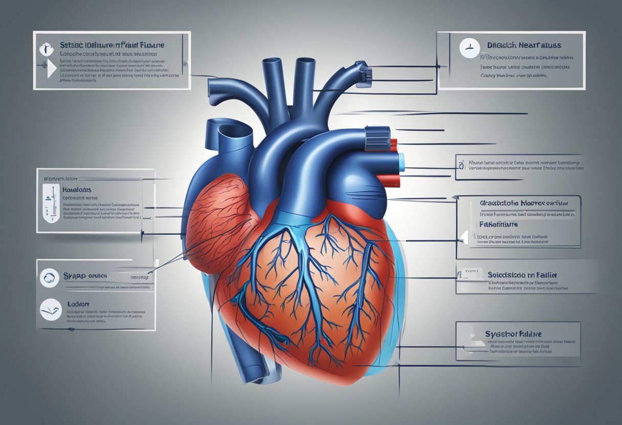 A heart with arrows showing blood flow in and out, labeled "systolic" and "diastolic" to depict heart failure