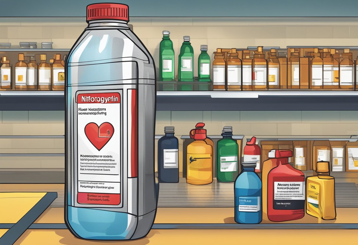 Nitroglycerin prevents heart attacks. A bottle labeled "Nitroglycerin" with a warning sign and safety instructions