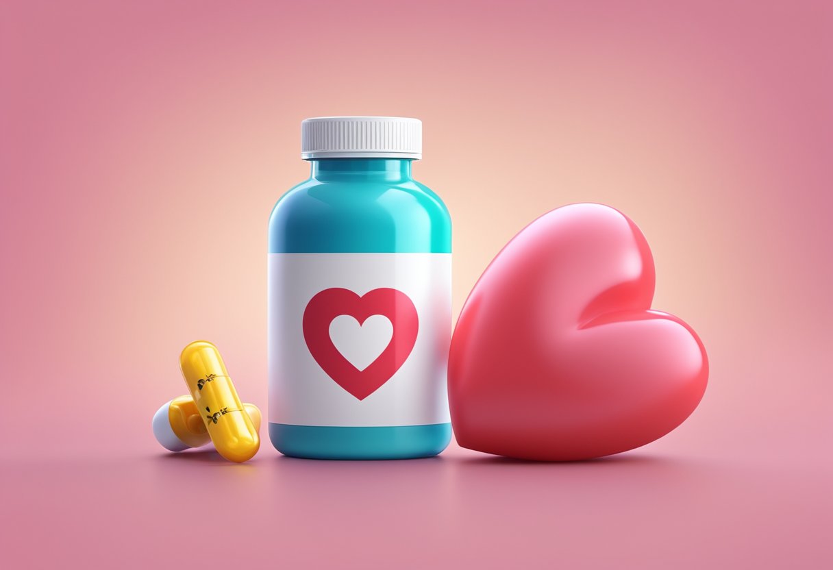 A bottle of CoQ10 supplements next to a heart model, with a heart attack symbol in the background