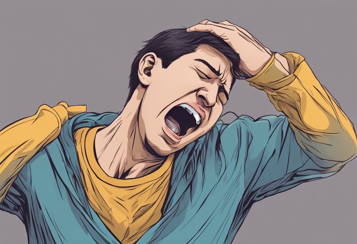 A person clutching their chest in pain, grimacing, and sweating profusely. Their face contorted in anguish as they struggle to breathe