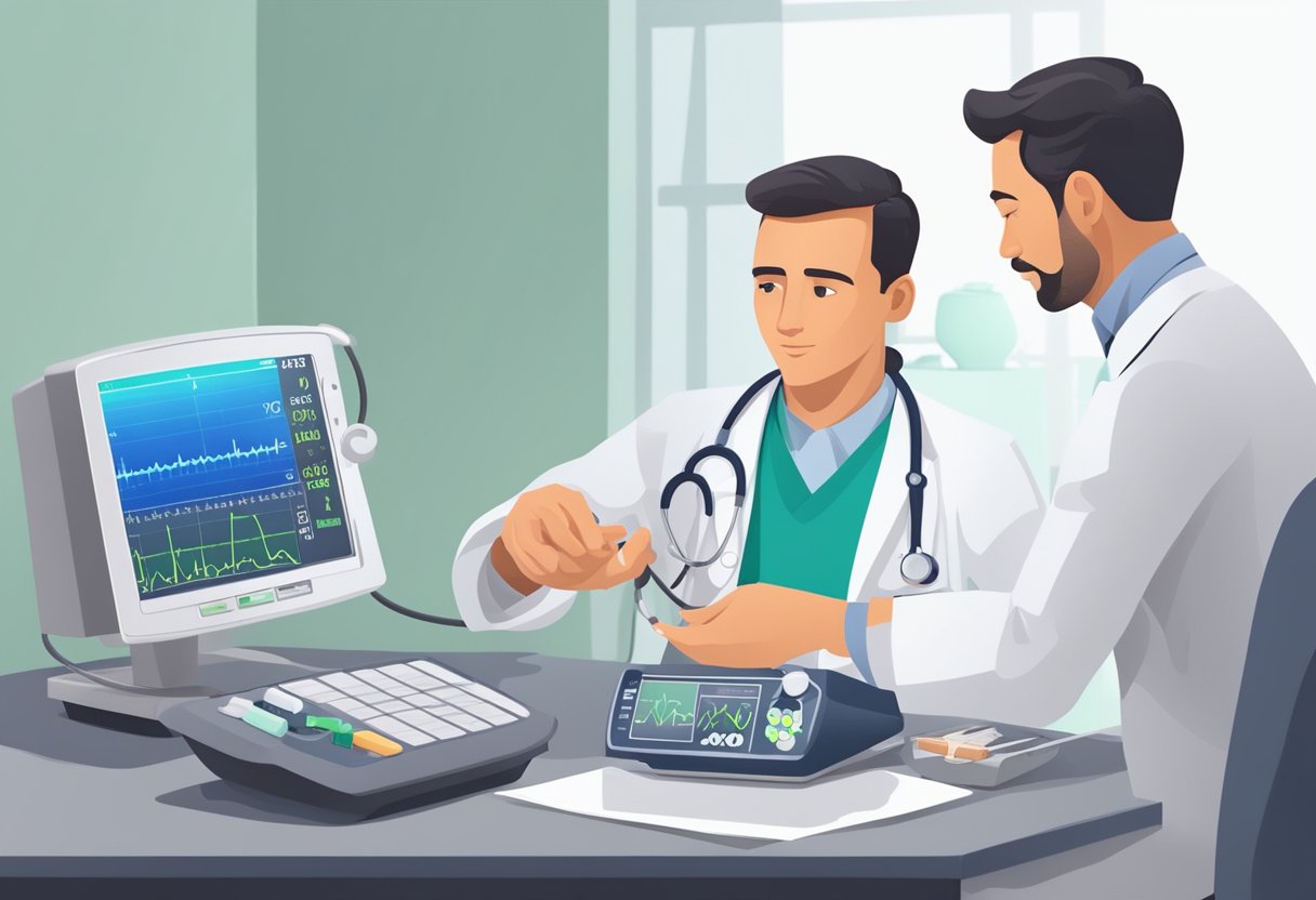 A doctor examines a heart monitor, then administers medication to a patient