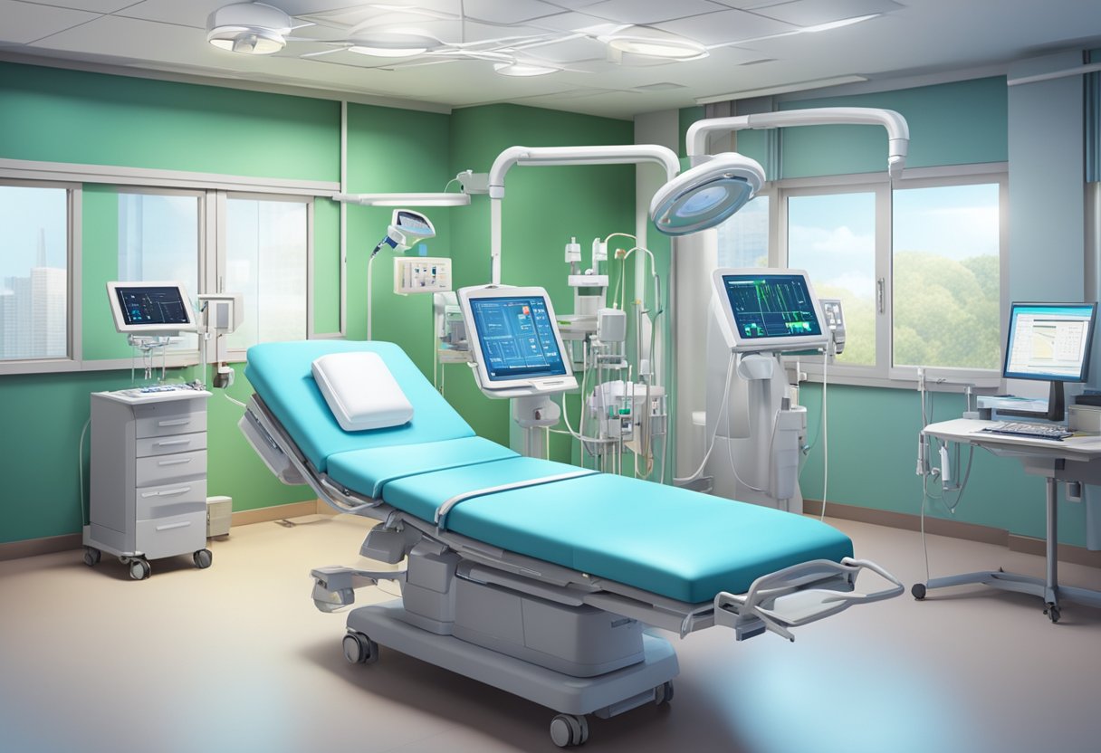A modern hospital room with advanced cardiology equipment and a team of medical professionals providing top-notch heart treatments
