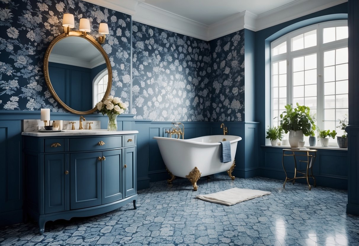 A spacious bathroom with elegant, floral wallpaper in shades of blue and white. The pattern features intricate designs and adds a touch of sophistication to the room