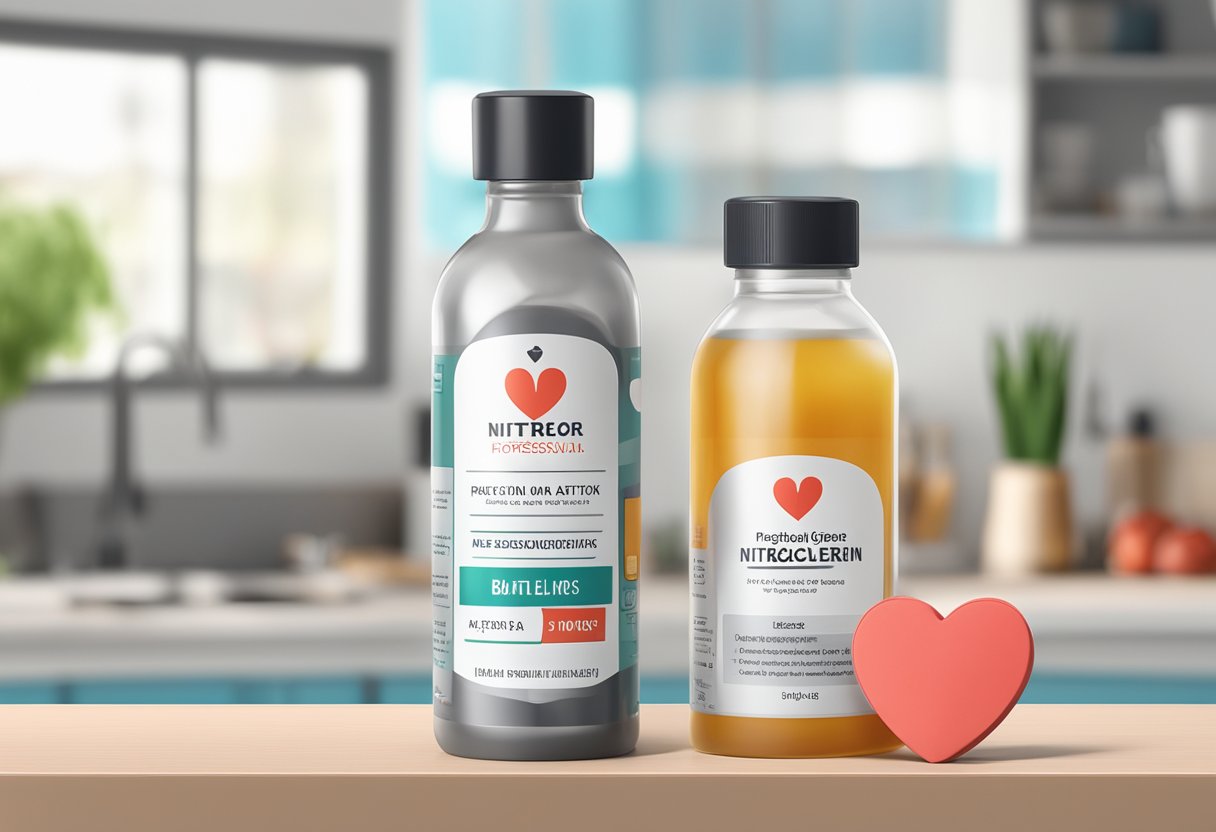 A bottle of nitroglycerin sits on a counter, with a heart attack infographic in the background