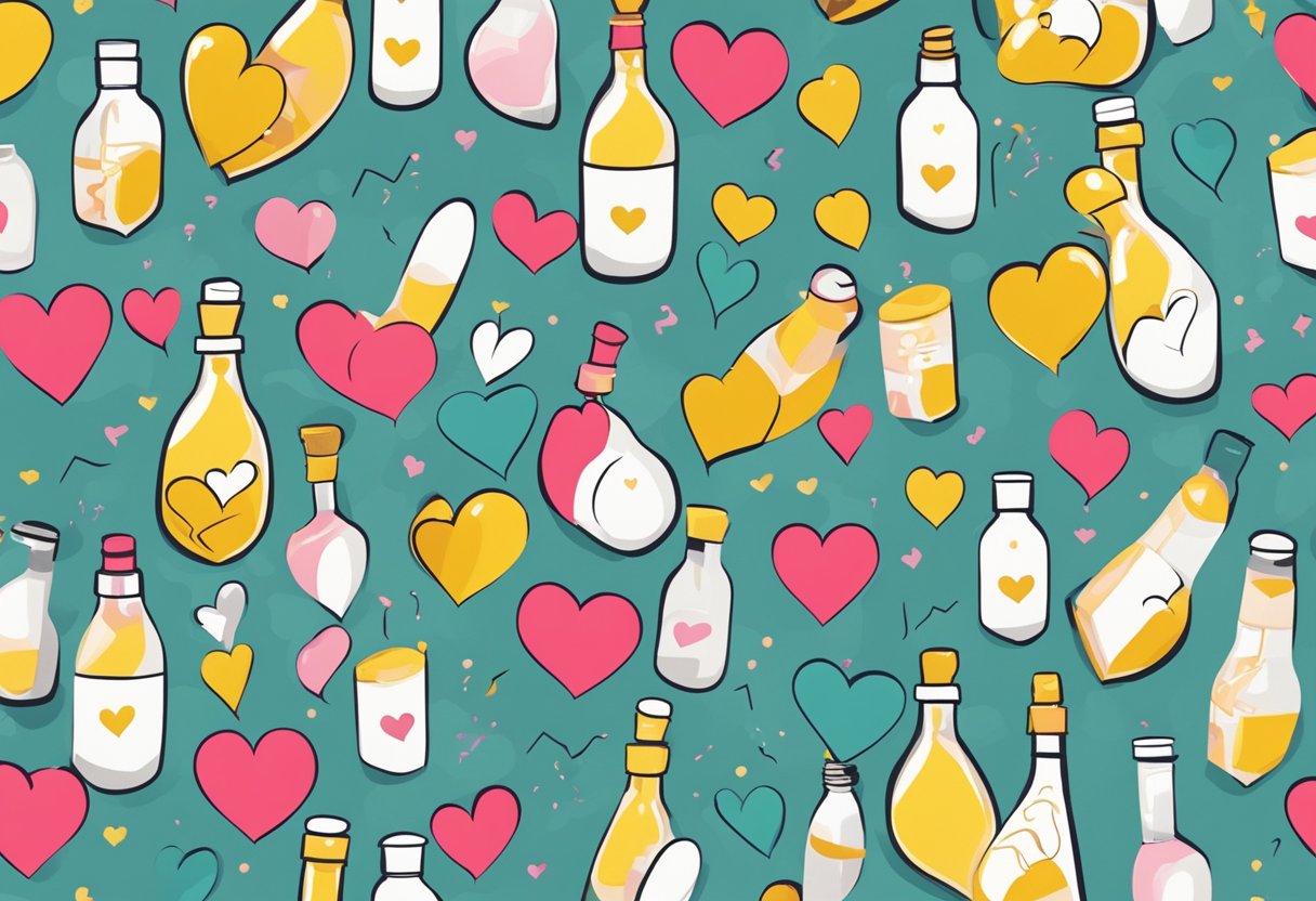 A bottle of CoQ10 with a heart shape and a lightning bolt, surrounded by question marks