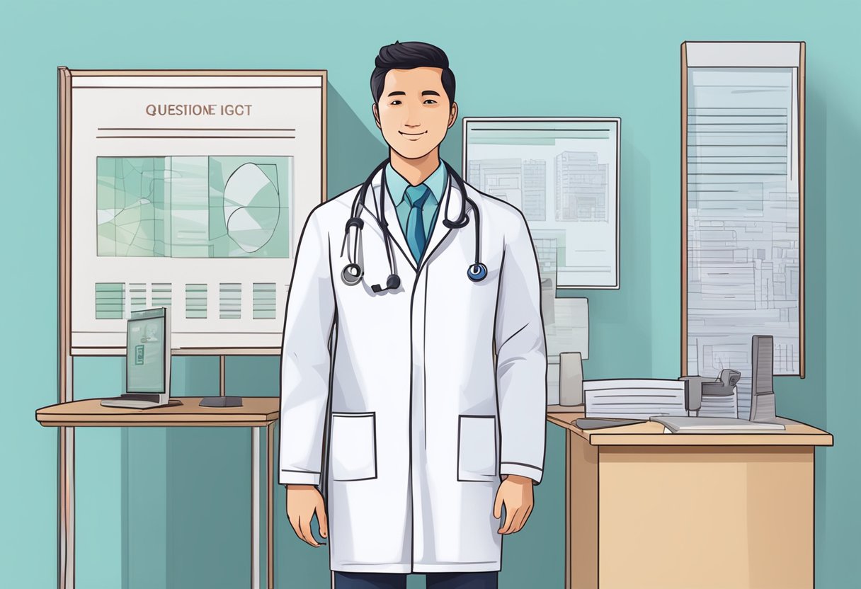 A doctor in a white coat standing next to a sign that reads "Frequently Asked Questions: Best Cardiologist in Singapore."