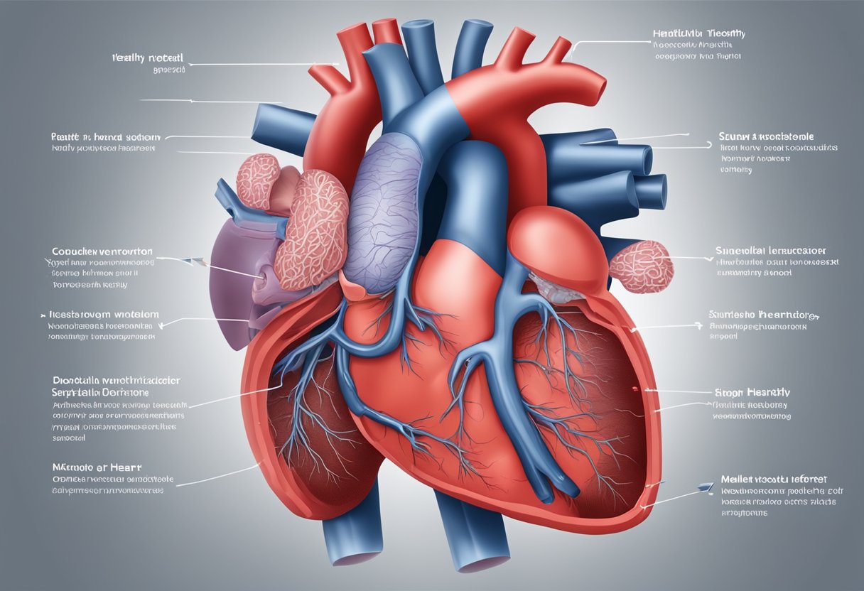 A heart with a ventricular septal defect (VSD) highlighted in red, surrounded by healthy heart tissue, with clear labeling for educational purposes