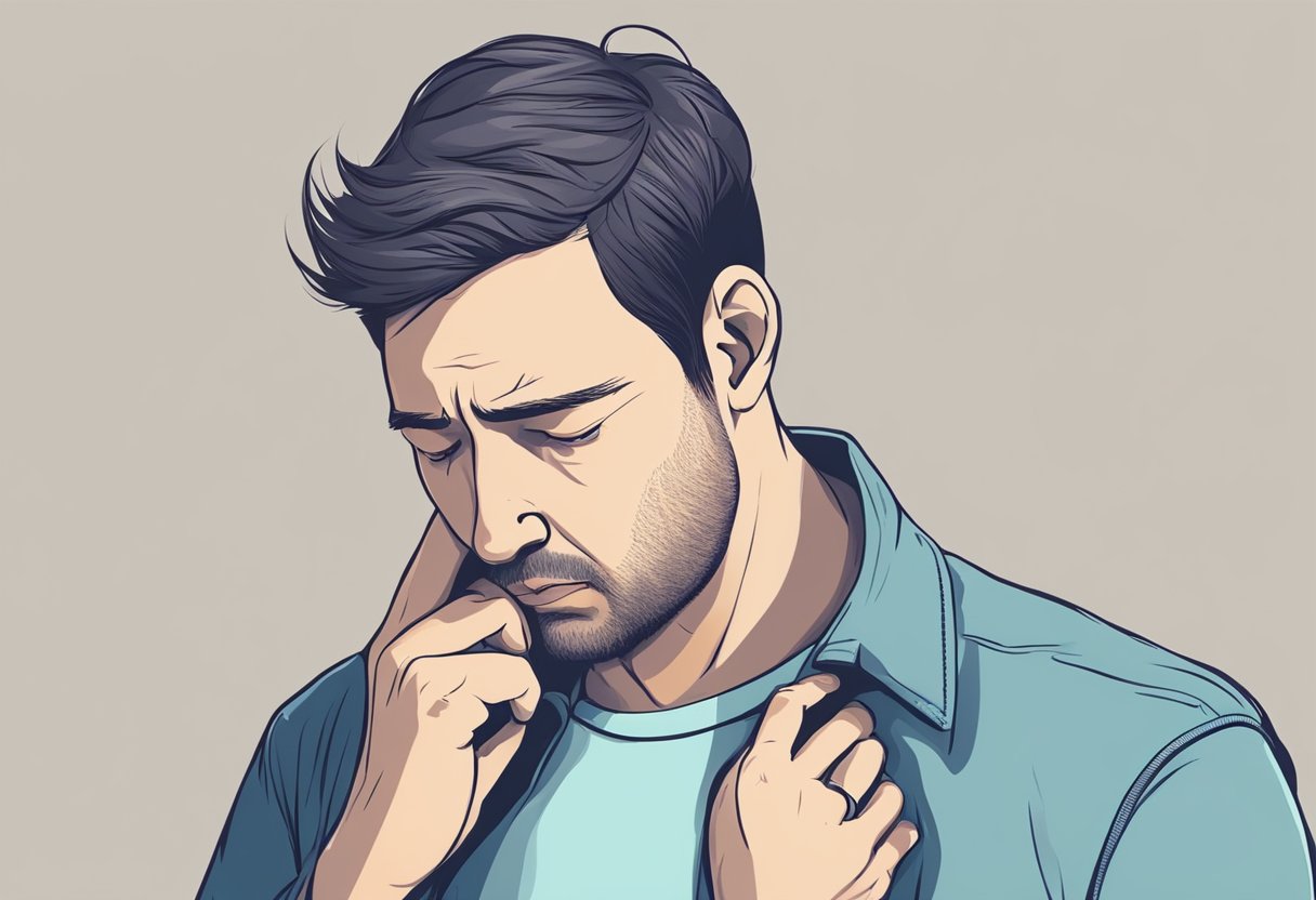 A person holding their chest in pain, with a worried expression