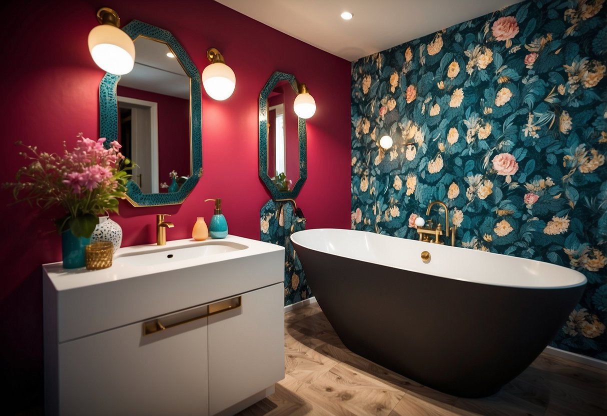 A vibrant bathroom with bold and eclectic wallpaper, featuring unique patterns and colors, creating a lively and energetic atmosphere