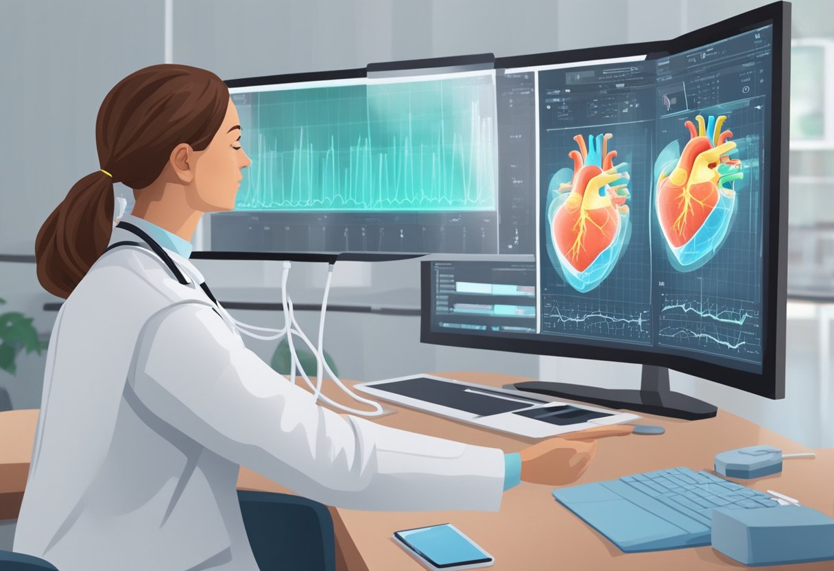 A doctor examines a heart scan, then administers treatment. A positive prognosis is shown on the screen