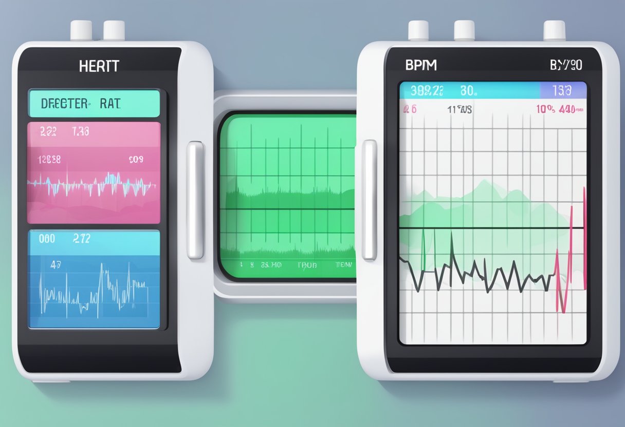 A heart rate monitor displays a steady, normal BPM on its digital screen