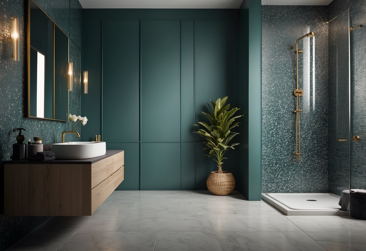 A modern bathroom with textured wallpapers in various patterns and colors. The wallpapers cover the walls from floor to ceiling, adding depth and visual interest to the space