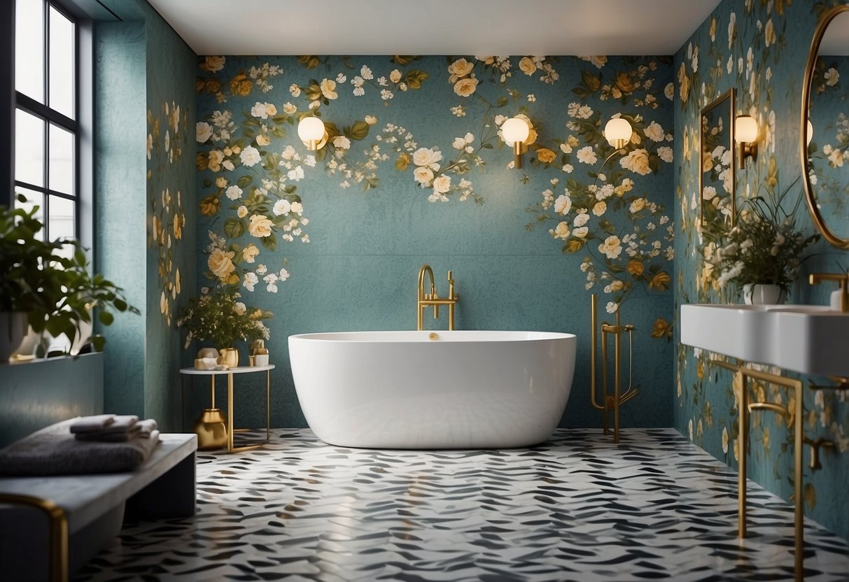 A bathroom with waterproof wallpaper in various designs, from floral to geometric patterns, covering the walls and creating a stylish and functional space