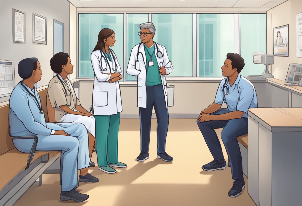 A doctor discussing congenital heart disease prognosis with concerned parents in a hospital consultation room