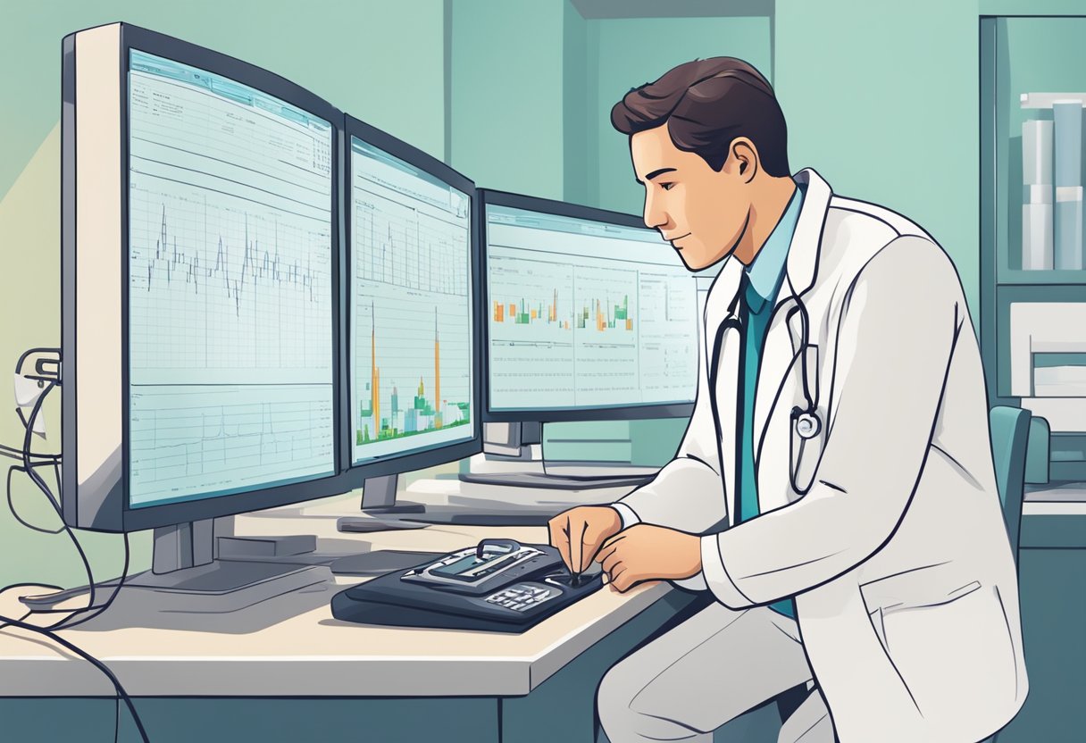 A cardiologist examines a patient's EKG results in a modern clinic setting