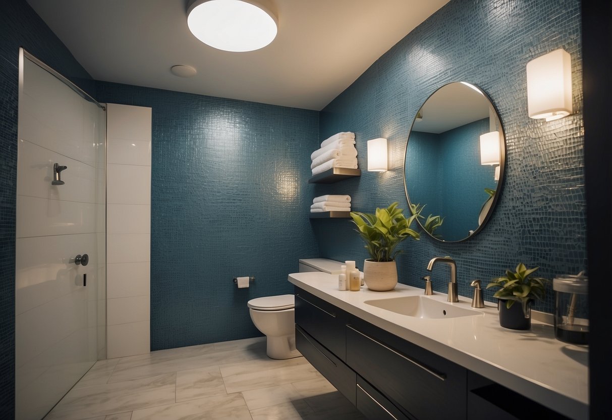 A bathroom with various wallpaper designs on the walls, showcasing different patterns, colors, and textures. The room is well-maintained and clean, with a sense of care and attention to detail